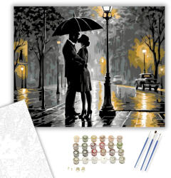  Szerelmespár Esőben Esernyő Alatt - számfestő készlet - 40×50 cm (Keretre feszítve)