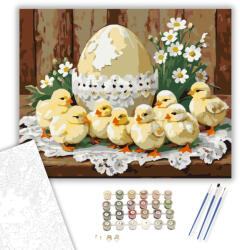  Csibék és Virágos Tojás - számfestő készlet - 40×50 cm (Keretre feszítve)