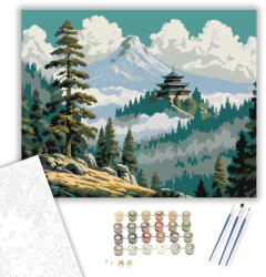  Hegyi Templom Fenyőfák Között - számfestő készlet - 40×50 cm (Keretre feszítve)