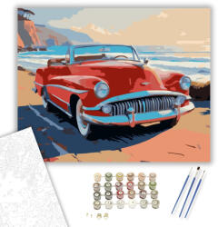 Számfestő Piros Klasszikus Cabrio a Tengerparti Sziklánál - számfestő készlet - 40×50 cm (Keretre feszítve) (crea6591-40X50-KF)