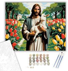 Számfestő Jézus a Báránnyal Tulipánok Között - számfestő készlet - 40×50 cm (Keretre feszítve) (crea6757-40X50-KF)
