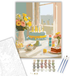  Születésnapi Asztal Virágokkal és Tortával - számfestő készlet - 40×50 cm (Keretre feszítve)