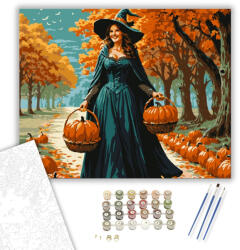  Őszi boszorkány tökökkel - számfestő készlet - 40×50 cm (Keretre feszítve)