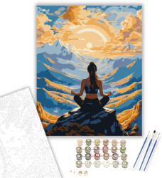  Meditáló Nő Hegycsúcson Napkeltekor - számfestő készlet - 40×50 cm (Keretre feszítve)