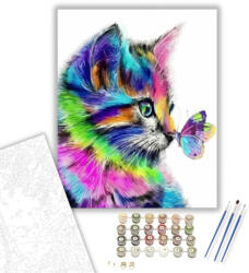 Számfestő Szivárvány cica és pillangó - számfestő készlet - 40×50 cm (Keretre feszítve) (crea314-40X50-KF)