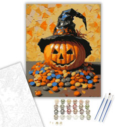  Boszorkánykalapos tök édességekkel - számfestő készlet - 40×50 cm (Keretre feszítve)