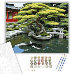Számfestő Bonsai Fa Koi Tóval a Japánkertben - számfestő készlet - 40×50 cm (Keretre feszítve) (crea5707-40X50-KF)