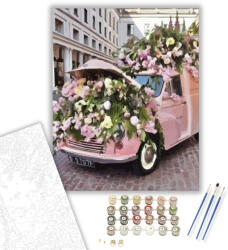  Rózsaszín autó virágokkal - számfestő készlet - 40×50 cm (Keretre feszítve)