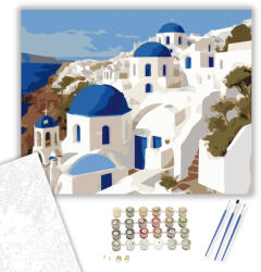  Santorini Fehér Házai és Kék Kupolái - számfestő készlet - 40×50 cm (Keretre feszítve)