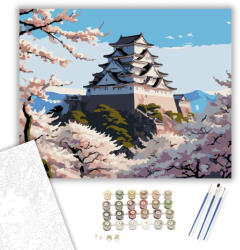  Himeji Kastély Tavaszi Cseresznyevirágzásban - számfestő készlet - 40×50 cm (Keretre feszítve)