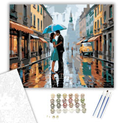  Szerelmespár Esőben, Esernyő Alatt - számfestő készlet - 40×50 cm (Keretre feszítve)