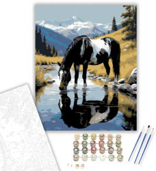  Fekete-fehér Pinto Ló a Hegyi Pataknál - számfestő készlet - 80×100 cm (Keretre feszítve)