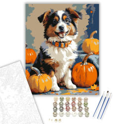  Mosolygó kiskutya tökökkel - számfestő készlet - 40×50 cm (Keretre feszítve)