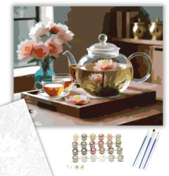 Számfestő Virágzó Tea Kanna és Porcelán Csészék - számfestő készlet - 40×50 cm (Keretre feszítve) (crea6265-40X50-KF)