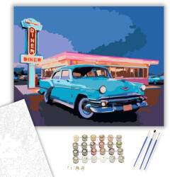 Számfestő Türkiz Retro Autó az 50-es Évek Étkezdéjénél - számfestő készlet - 40×50 cm (Keretre feszítve) (crea6582-40X50-KF)