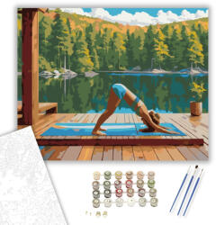  Nő Adho Mukha Svanasana Pózban Tóparti Környezetben - számfestő készlet - 40×50 cm (Keretre feszítve)