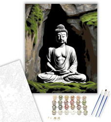  Meditáló Buddha Sziklafalba Vésve - számfestő készlet - 40×50 cm (Keretre feszítve)
