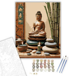  Buddha Szobor Gyertyákkal és Bambusszal - számfestő készlet - 40×50 cm (Keretre feszítve)
