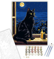  Éjszakai Fekete Macska Ablakban - számfestő készlet - 40×50 cm (Keretre feszítve)