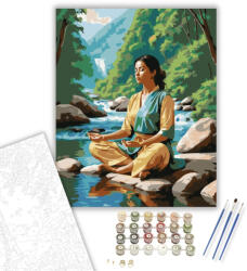 Meditáló Nő Folyóparti Természetben - számfestő készlet - 40×50 cm (Keretre feszítve)
