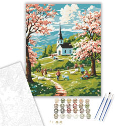 Gyermekek Húsvéti Kalandja a Templom Kertjében - számfestő készlet - 40×50 cm (Keretre feszítve)