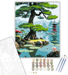 Számfestő Ősi Fenyő és Lotuszok Japánkertben - számfestő készlet - 40×50 cm (Keretre feszítve) (crea5706-40X50-KF)