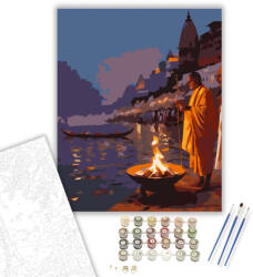 Gangesz Partján Aarti Ceremónia - számfestő készlet - 40×50 cm (Keretre feszítve)
