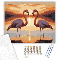  Szív Alakot Formáló Flamingók Naplementében - számfestő készlet - 40×50 cm (Keretre feszítve)