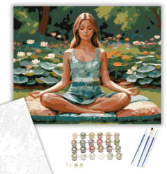  Meditáló Lány Virágkertben - számfestő készlet - 40×50 cm (Keretre feszítve)