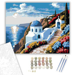 Számfestő Tengerre Néző Fehér Kápolna és Kék Kupola - számfestő készlet - 40×50 cm (Keretre feszítve) (crea6847-40X50-KF)