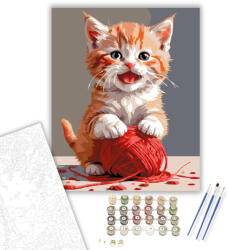  Játékos Vörös Kiscica Piros Fonallal - számfestő készlet - 40×50 cm (Keretre feszítve)