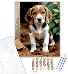  Beagle Kölyök a Kertben - számfestő készlet - 40×50 cm (Keretre feszítve)