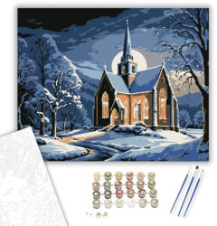  Holdfényes Téli Templom - számfestő készlet - 40×50 cm (Keretre feszítve)