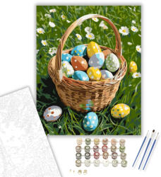  Húsvéti Kosár Színes Tojásokkal és Margarétákkal - számfestő készlet - 40×50 cm (Keretre feszítve)