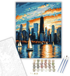  Chicago Belvárosi Látkép Naplementében - számfestő készlet - 80×100 cm (Keretre feszítve)