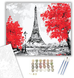 Számfestő Eiffel Torony a Vörös Fák Mellett - számfestő készlet - 40×50 cm (Keretre feszítve) (R-076-40X50-KF)