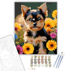  Yorkshire Terrier Kiskutya Virágok Között - számfestő készlet - 40×50 cm (Keretre feszítve)