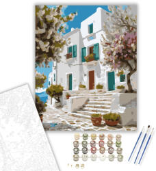  Naxos Falu Terei és Virágzó Fák - számfestő készlet - 40×50 cm (Keretre feszítve)