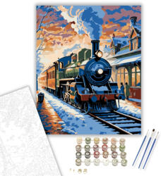  Téli Vasútállomás Naplementében - számfestő készlet - 40×50 cm (Keretre feszítve)