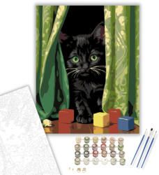  Játékos Fekete Kiscica Függöny Mögött - számfestő készlet - 40×50 cm (Keretre feszítve)