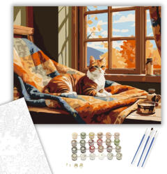  Őszi Ablak Macskával - számfestő készlet - 40×50 cm (Keretre feszítve)