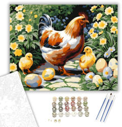 Számfestő Tyúk és Csibék Húsvéti Kertben - számfestő készlet - 40×50 cm (Keretre feszítve) (crea6753-40X50-KF)