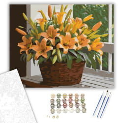  Narancssárga és Sárga Liliomok Kosárban - számfestő készlet - 40×50 cm (Keretre feszítve)