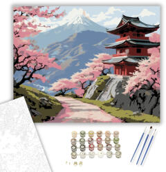  Cseresznyevirágok és Ősi Templom Hegyi Ösvényen - számfestő készlet - 40×50 cm (Keretre feszítve)