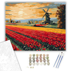  Napkelte a Tulipánmezőn Szélmalommal - számfestő készlet - 40×50 cm (Keretre feszítve)