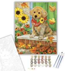  Piros kendős kiskutya - számfestő készlet - 40×50 cm (Keretre feszítve)