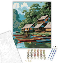  Amazonasi Cölöpfalu a Folyó Partján - számfestő készlet - 60×70 cm (Keretre feszítve)