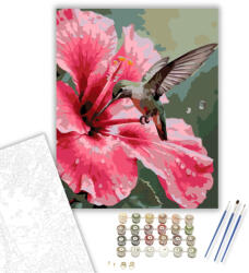 Rózsaszín Hibiszkusz és Kolibri - számfestő készlet - 40×50 cm (Keretre feszítve)