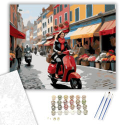  Piros Robogó Európai Utcán - számfestő készlet - 40×50 cm (Keretre feszítve)