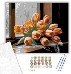  Vizes Tulipáncsokor az Ablakpárkányon - számfestő készlet - 40×50 cm (Keretre feszítve)